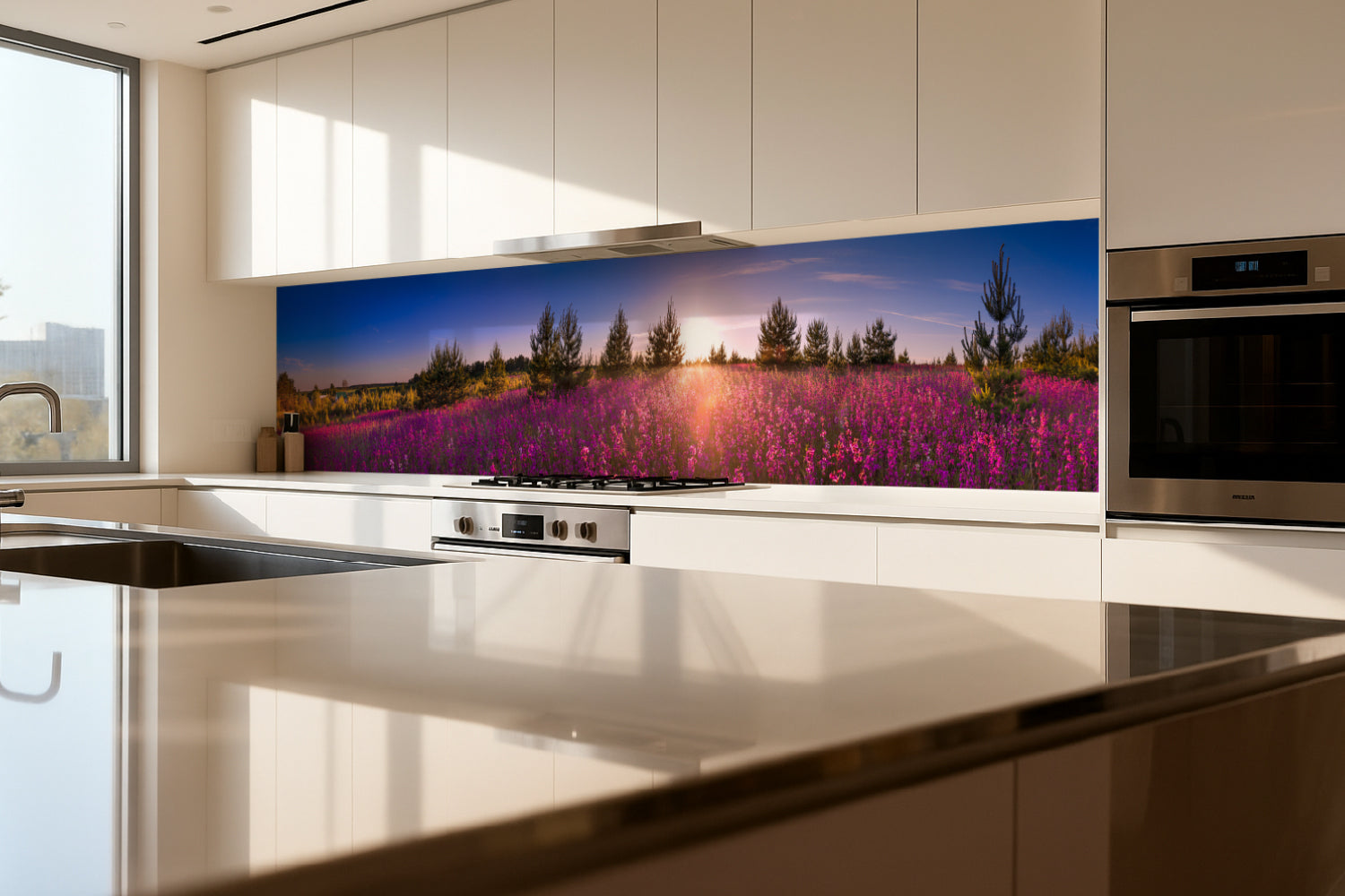 Küchenrückwand Blumenwiese im Sonnenuntergang