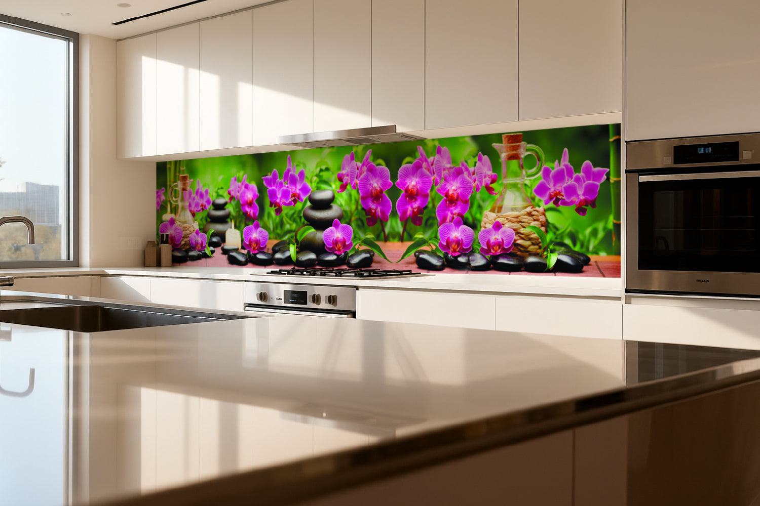 Küchenrückwand Wellnessmotiv – Orchideen, Steine & Kerzen