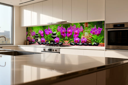 Küchenrückwand Wellnessmotiv – Orchideen, Steine & Kerzen