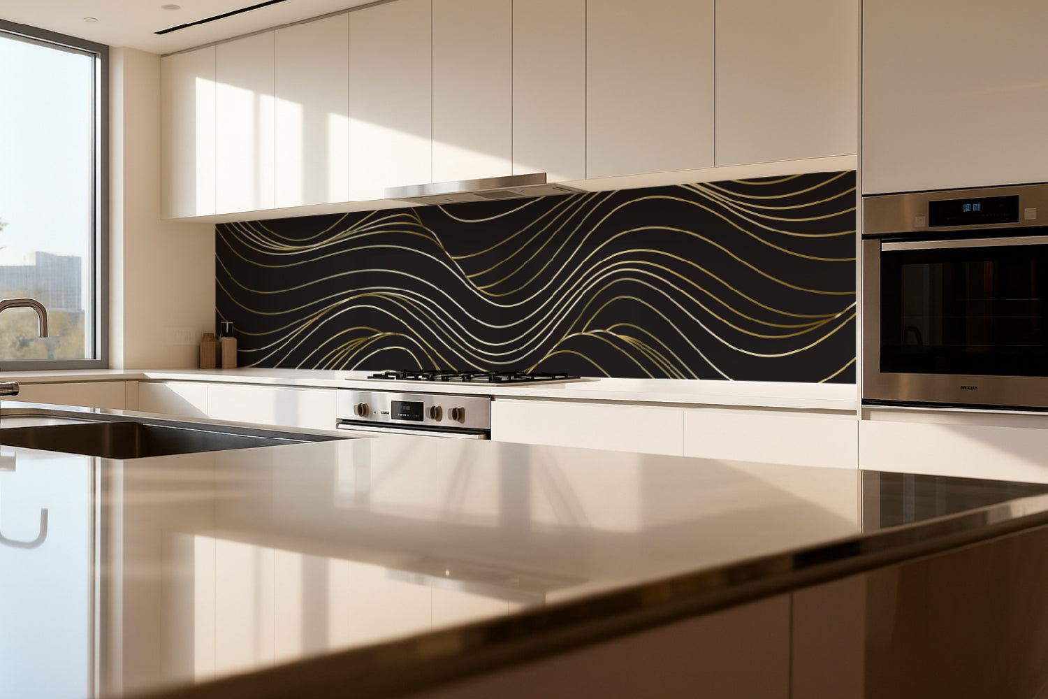 Küchenrückwand Schwarz Gold Wellen Design