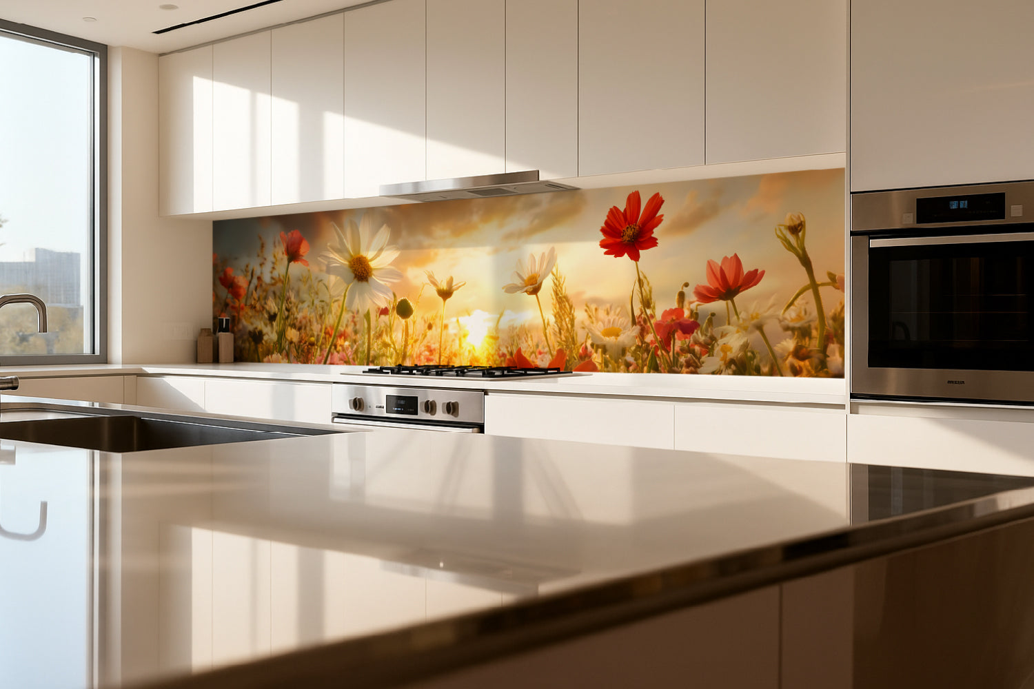 Küchenrückwand Blumenwiese im Sonnenuntergang