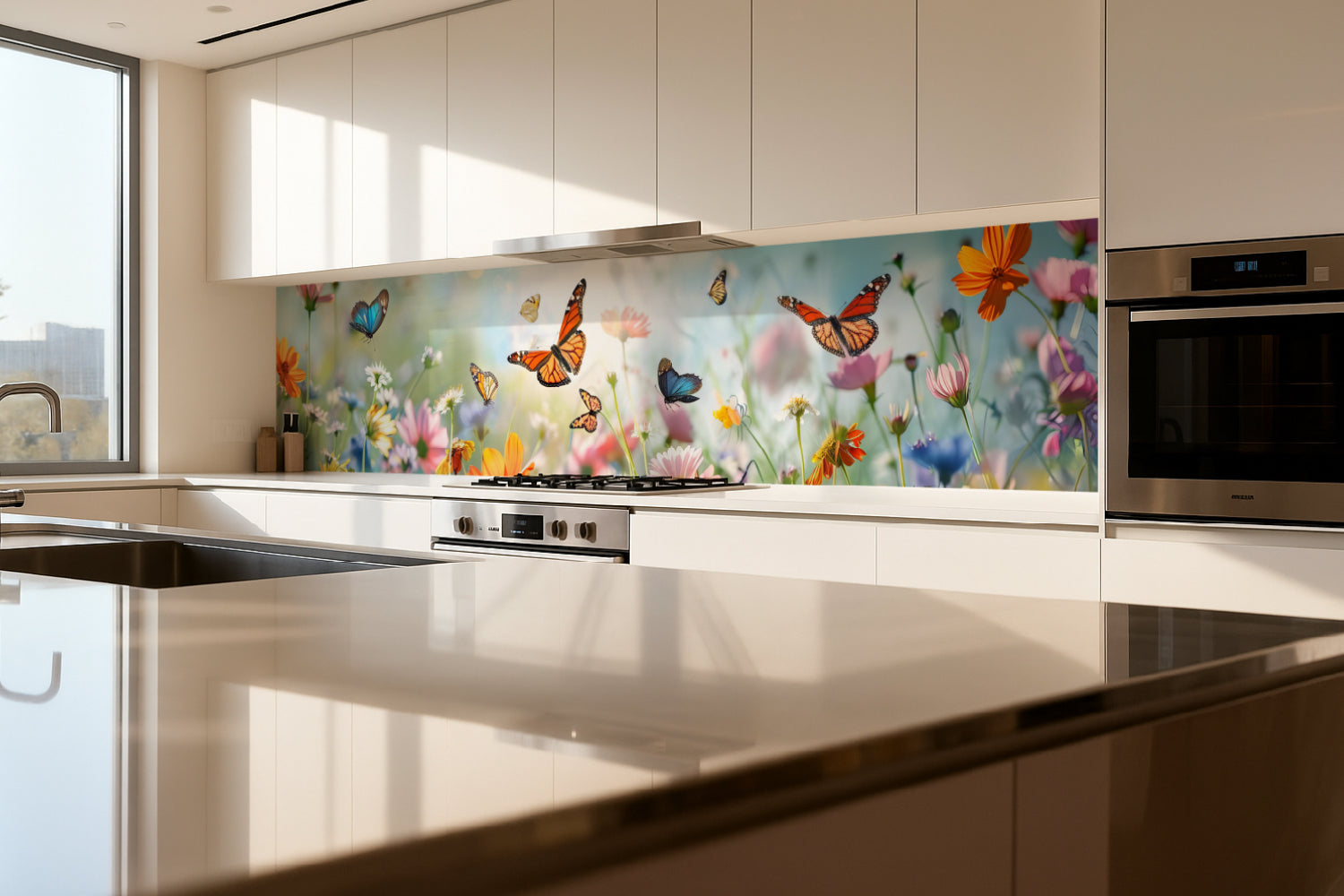 Küchenrückwand Schmetterlinge und Blumenwiese
