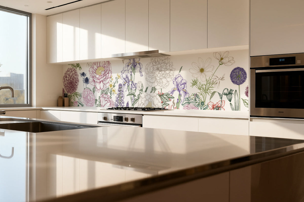 Küchenrückwand Botanische Blumenzeichnung