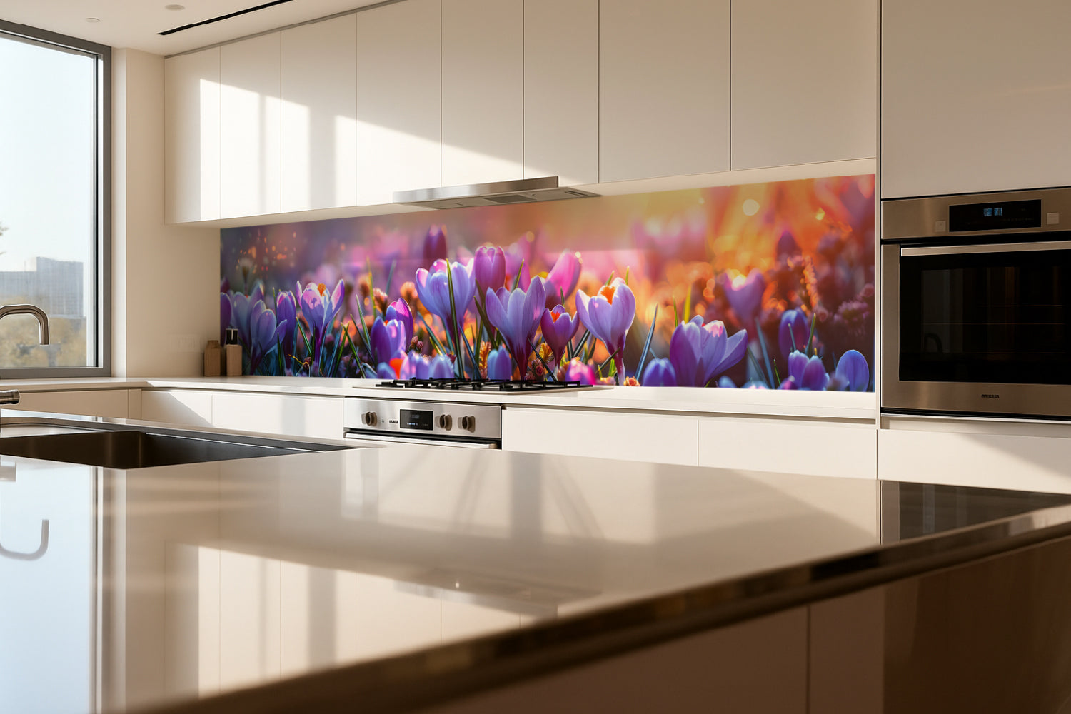 Küchenrückwand Lila Blumen im Sonnenlicht