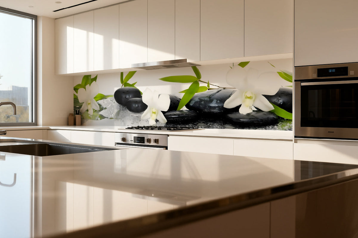 Küchenrückwand Zen mit Orchideen und Steinen