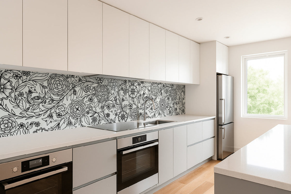 Küchenrückwand Blumenmuster Schwarzweiß