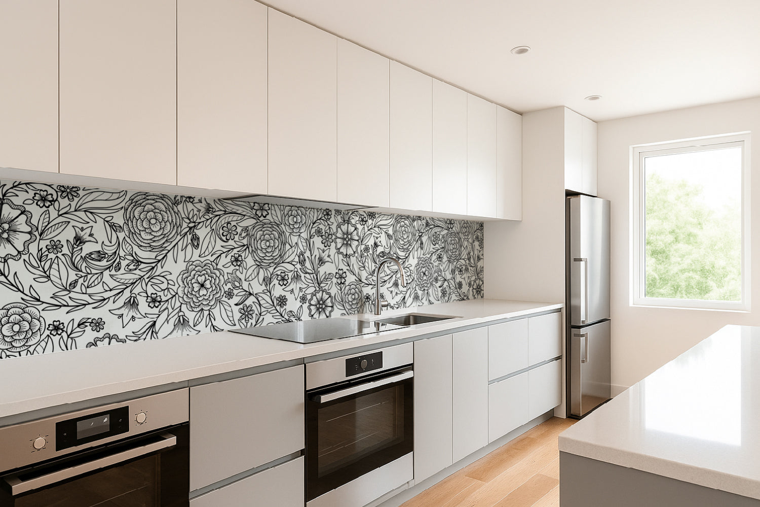 Küchenrückwand Blumenmuster Schwarzweiß