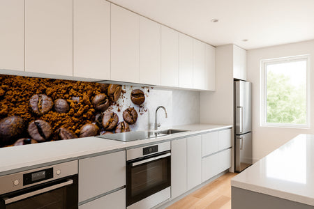 Küchenrückwand Kaffeebohnen und Pulver