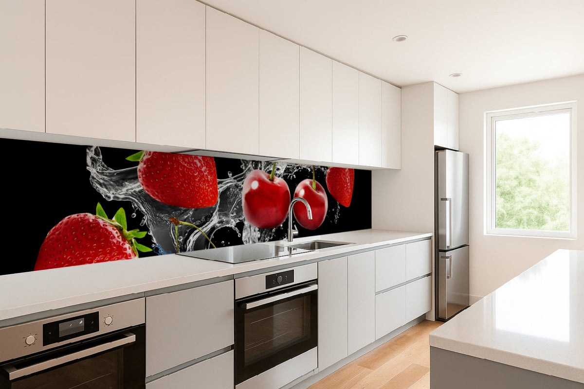Küchenrückwand mit Erdbeeren und Kirschen