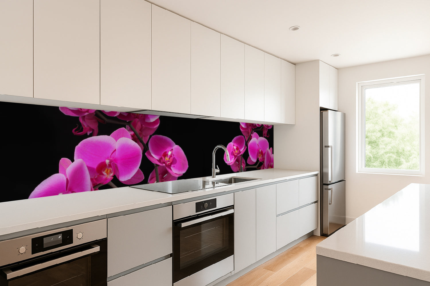 Küchenrückwand mit Orchideenblüten