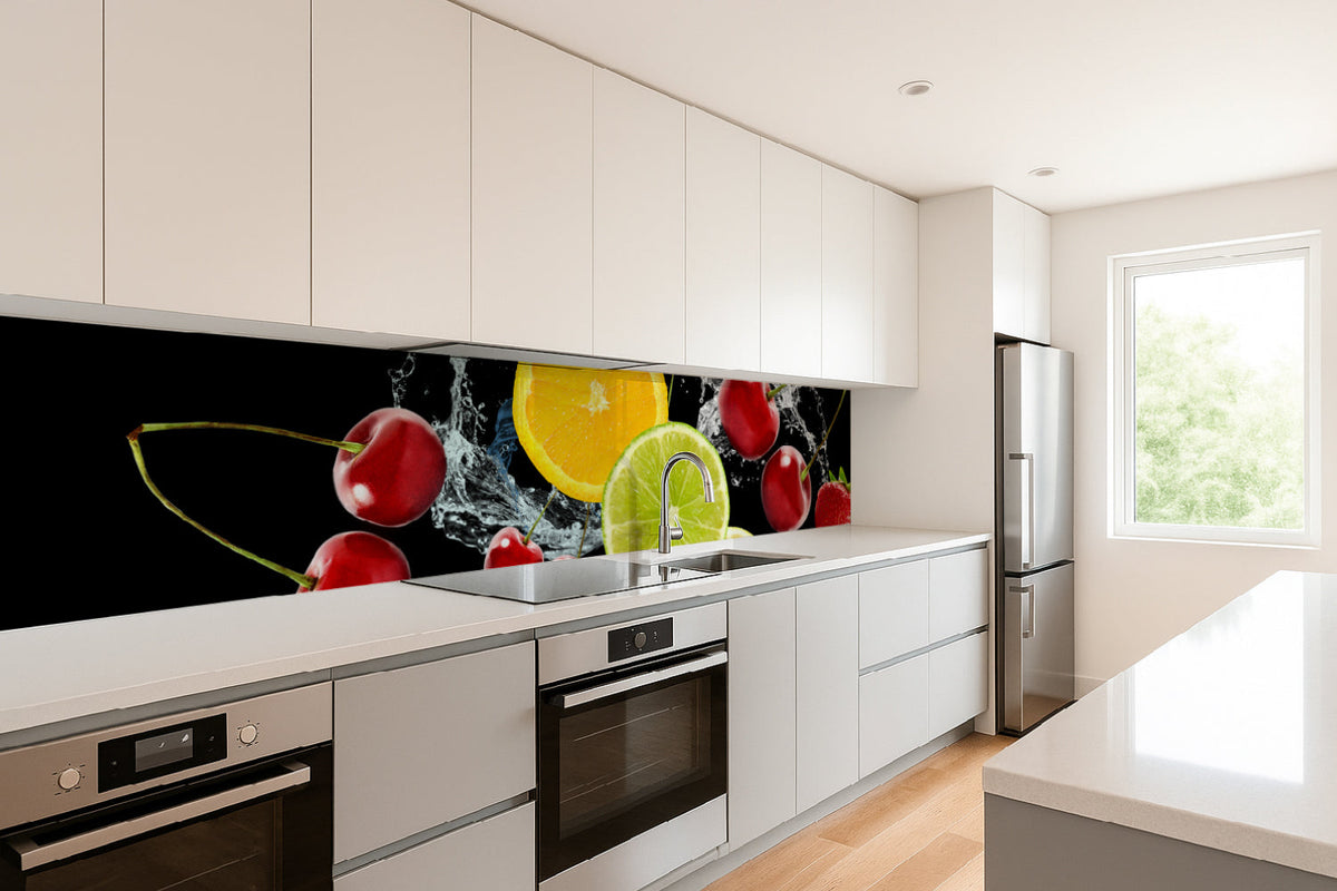 Küchenrückwand mit Obst & Wasser