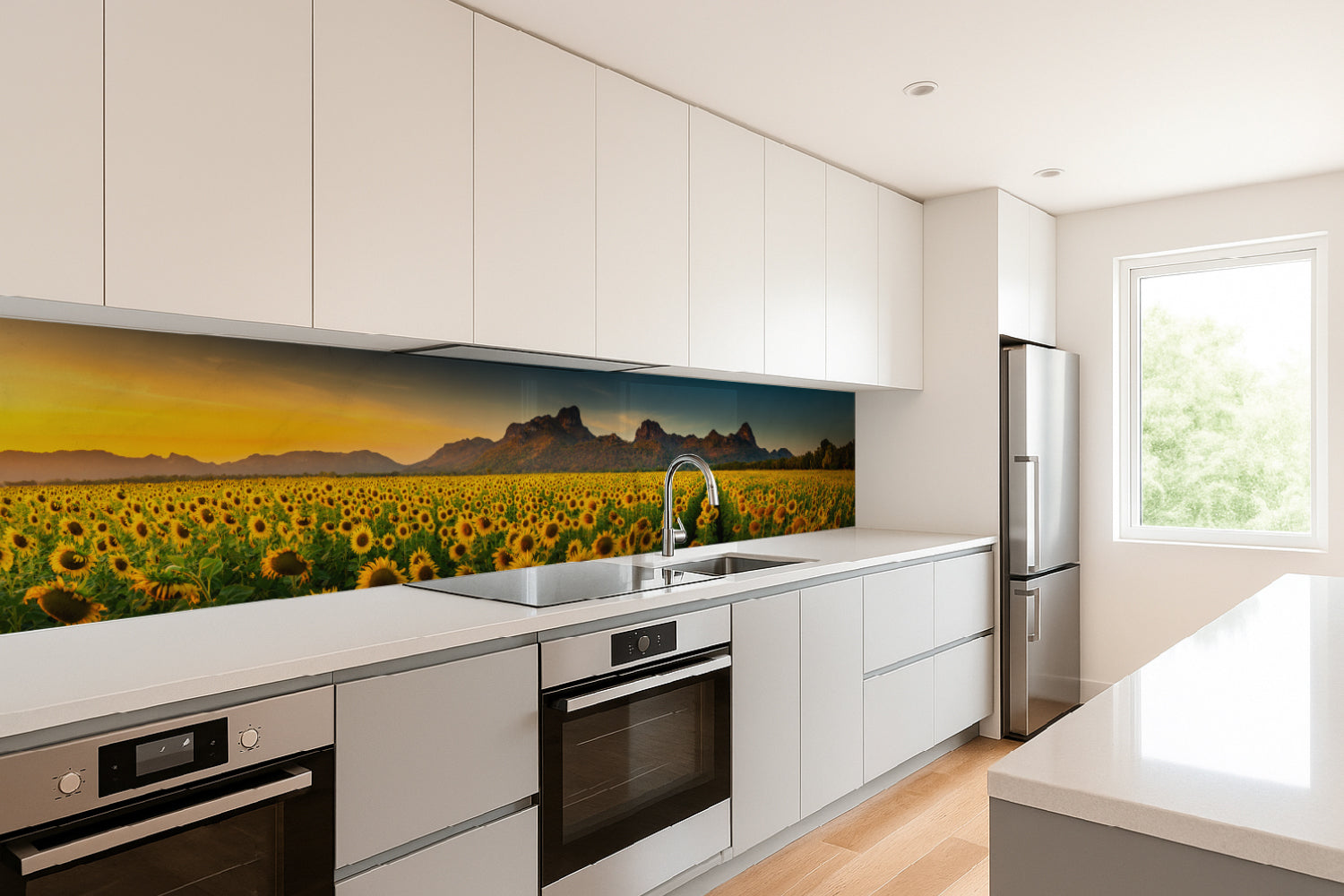 Küchenrückwand Sonnenblumenfeld im Sonnenlicht