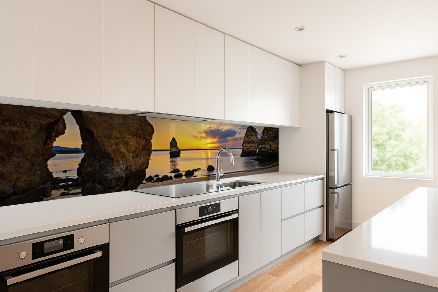 Küchenrückwand Sonnenuntergang am Felsenstrand