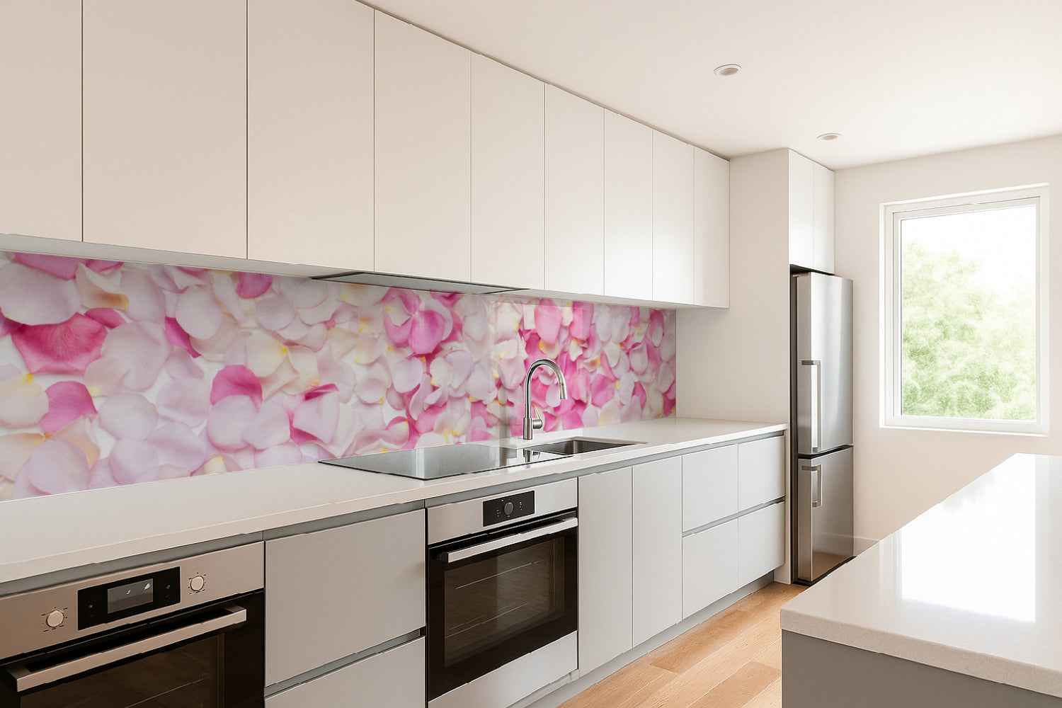 Küchenrückwand Rosenblätter in Rosa & Weiß