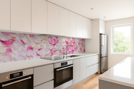 Küchenrückwand Rosenblätter in Rosa & Weiß