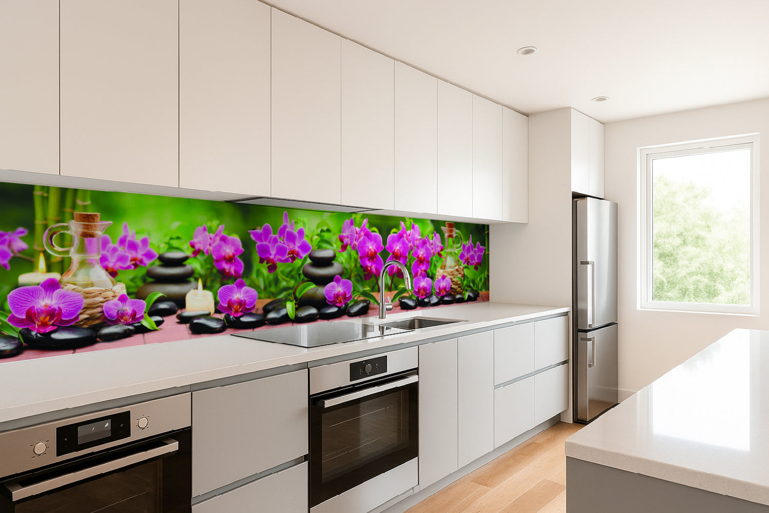 Küchenrückwand Wellnessmotiv – Orchideen, Steine & Kerzen
