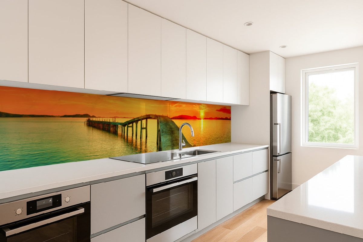 Küchenrückwand Sonnenuntergang am Steg