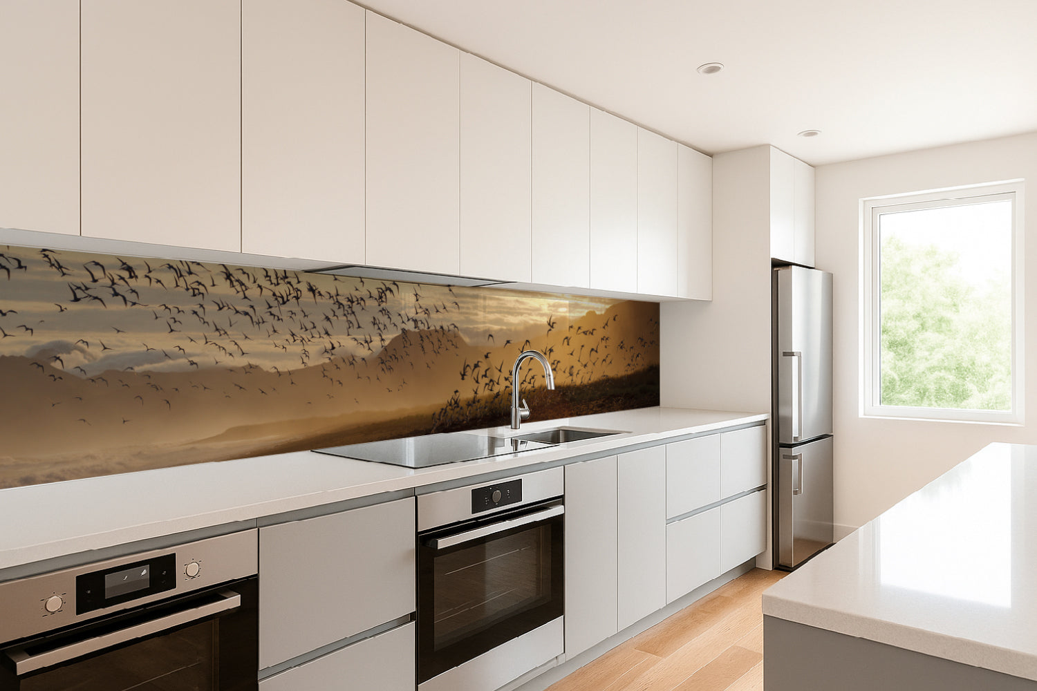 Küchenrückwand Sonnenlicht und Vogelschwarm