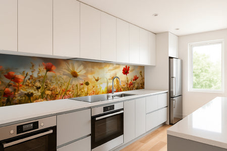 Küchenrückwand Blumenwiese im Sonnenuntergang