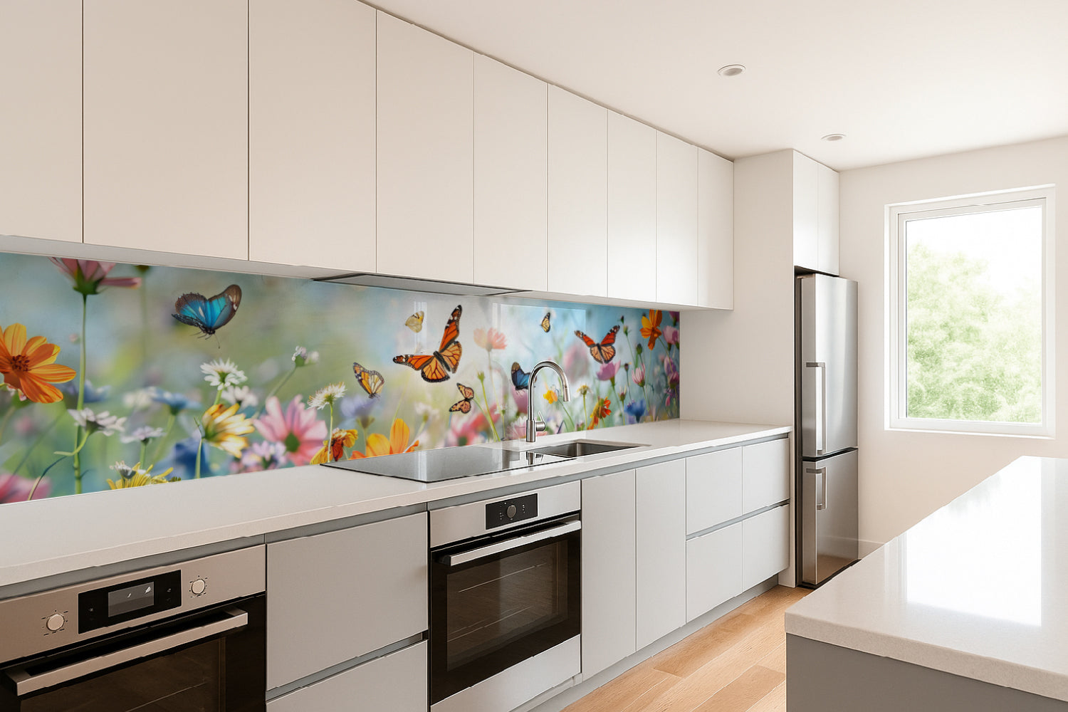 Küchenrückwand Schmetterlinge und Blumenwiese