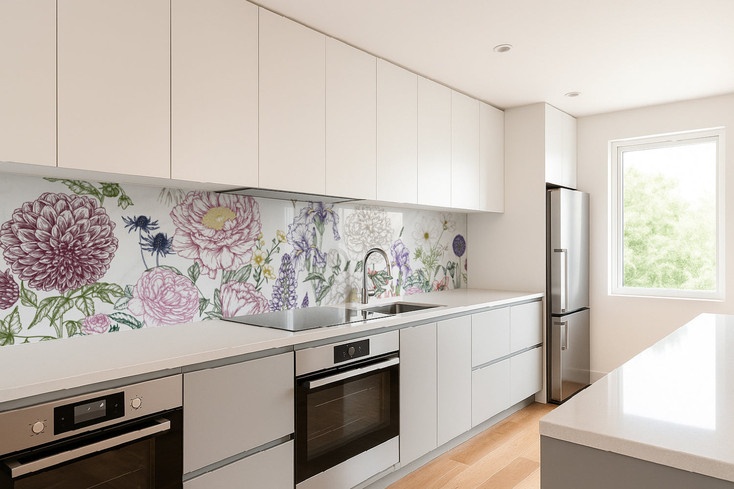 Küchenrückwand Botanische Blumenzeichnung