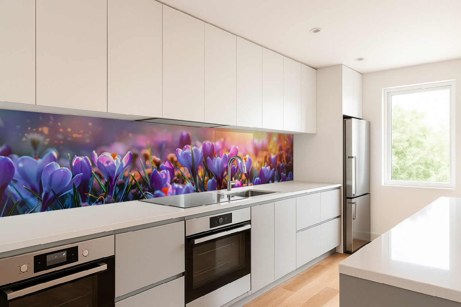 Küchenrückwand Lila Blumen im Sonnenlicht