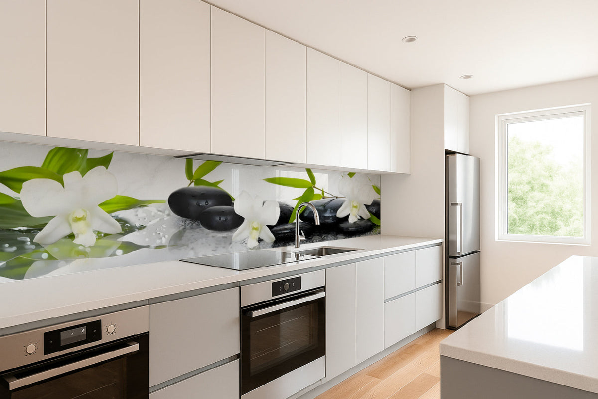 Küchenrückwand Zen mit Orchideen und Steinen