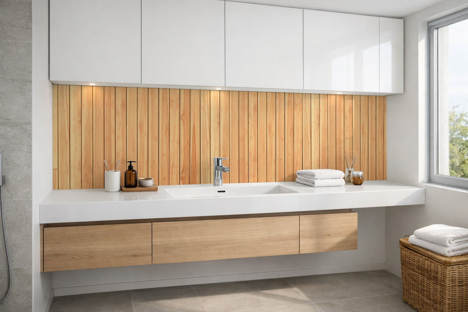 Waschbeckenrückwand Holzoptik